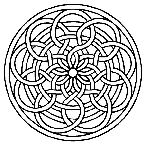 Mandala geométrico complejo con patrones intrincados y líneas simétricas en blanco y negro