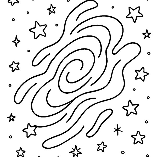 Dibujo en blanco y negro de una nebulosa de colores en el espacio con formas ondulantes y estrellas brillantes
