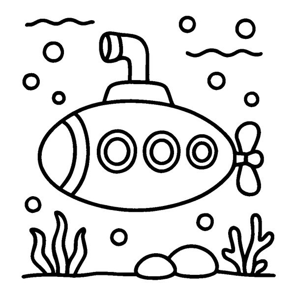 Dibujo en blanco y negro de submarino con detalles de periscopio y hélices
