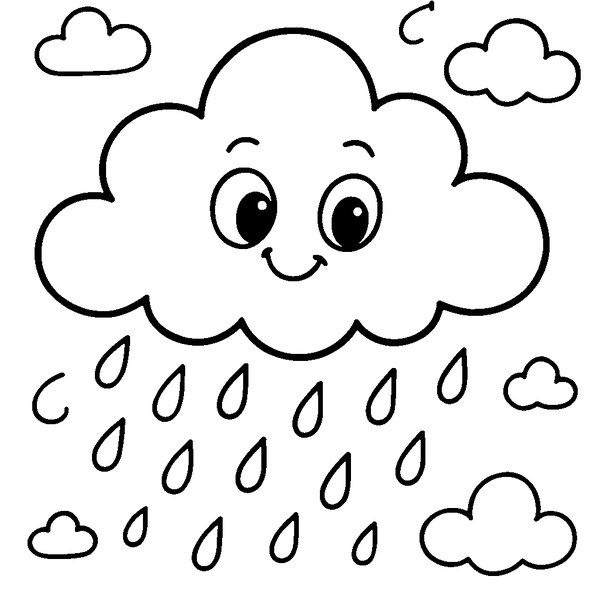 Dibujo en blanco y negro de una nube de lluvia con gotas detalladas y líneas suaves