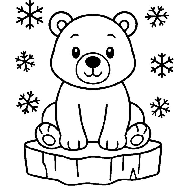 Oso polar sonriente sentado sobre un bloque de hielo, rodeado de copos de nieve
