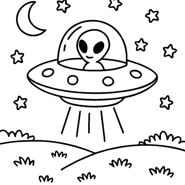 Un OVNI flotando sobre un campo verde bajo un cielo estrellado, listo para colorear