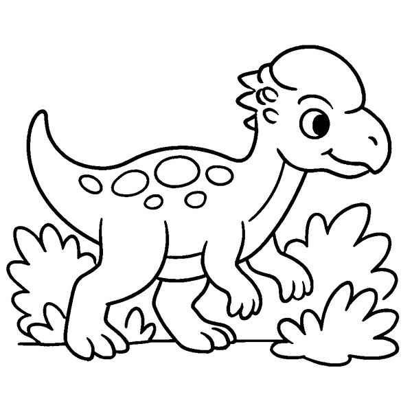 Pachycephalosaurus con su característica cabeza abombada, caminando entre arbustos