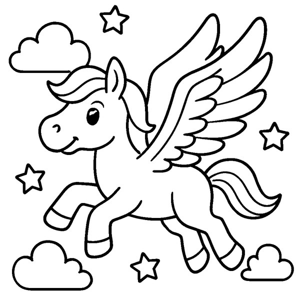 Pegaso volador en el cielo con alas extendidas y estrellas alrededor, líneas limpias y definidas