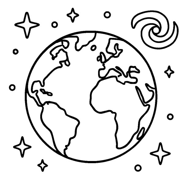 Vista del planeta Tierra desde el espacio, rodeado de estrellas y galaxias, con continentes y océanos visibles.