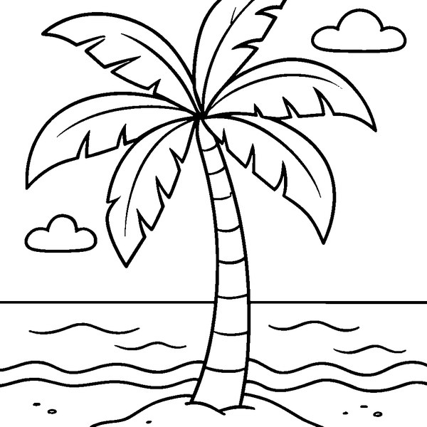 Palmera alta y esbelta en playa soleada con olas suaves y arena cálida