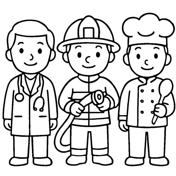 Niños coloreando una escena de profesiones con médico, bombero y chef en acción