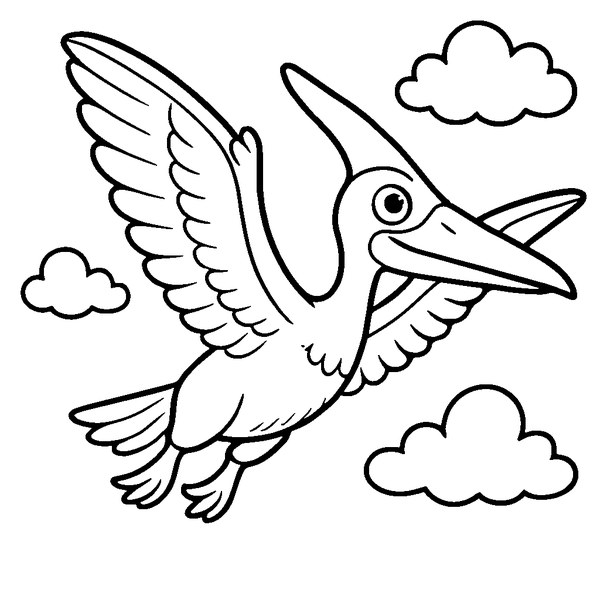 Quetzalcoatlus volando en el cielo con alas extendidas, detalles de plumas y pico largo