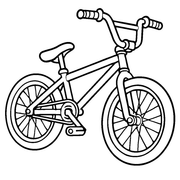 Dibujo en blanco y negro de bicicleta BMX de acrobacias con detalles de ruedas y manillares.
