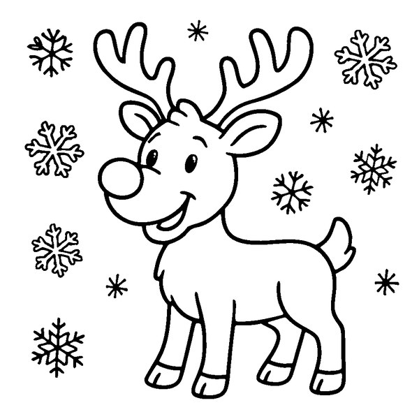 Reno Rudolph sonriente con nariz roja brillante y cuernos grandes, estilo caricatura