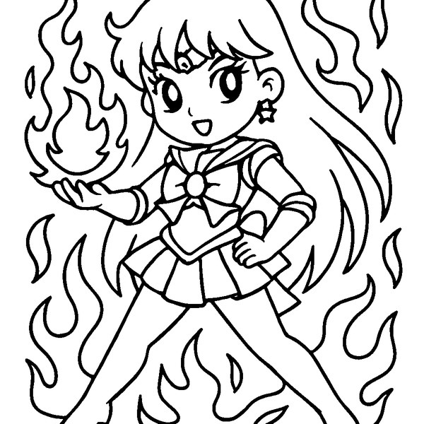 Sailor Mars lanzando una bola de fuego rodeada de llamas vivas y dinámicas