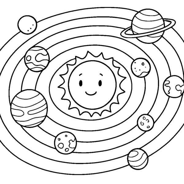 Dibujo detallado del sistema solar completo con planetas y órbitas en blanco y negro