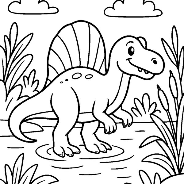 Spinosaurus en el río con agua alrededor, plantas y un cielo despejado