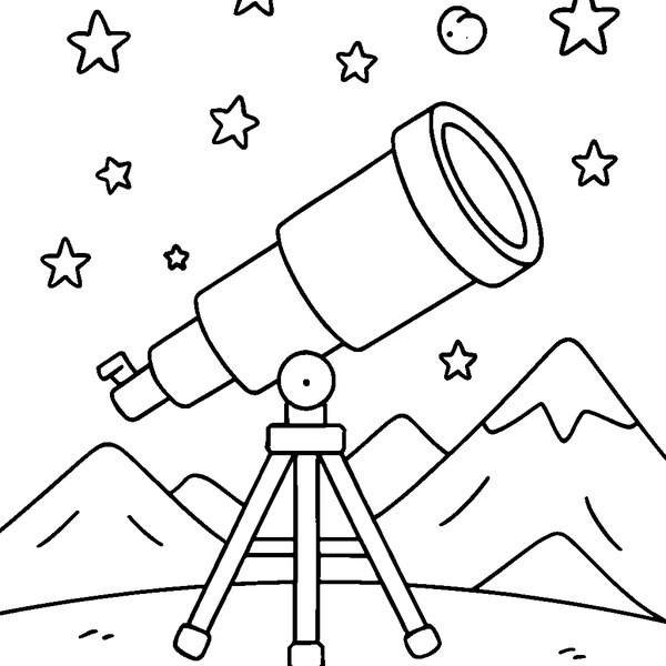 Telescopio en posición vertical apuntando al cielo nocturno estrellado con montañas al fondo