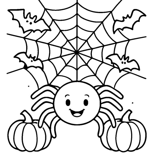 Dibujo de una araña sonriente sobre una telaraña con calabazas y murciélagos alrededor