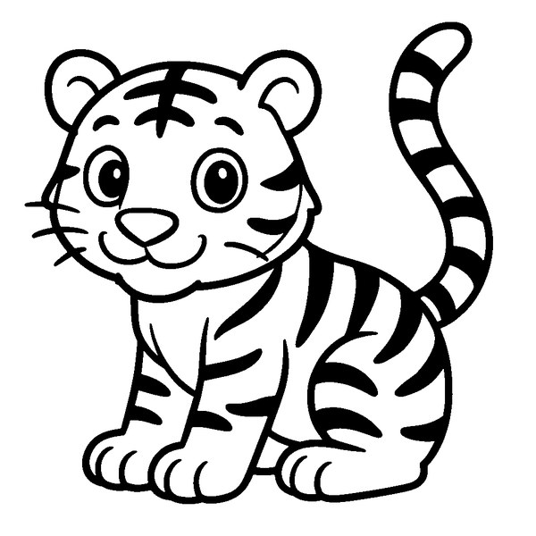 Tigre en posición agazapada con rayas distintivas, grandes ojos y cola alzada