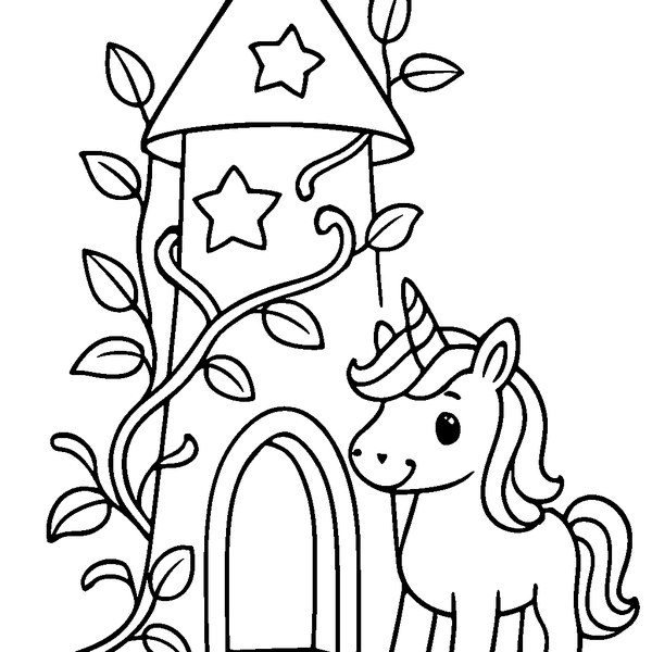 Dibujo de una torre alta y mágica con ventanas en forma de estrellas y un unicornio en la entrada
