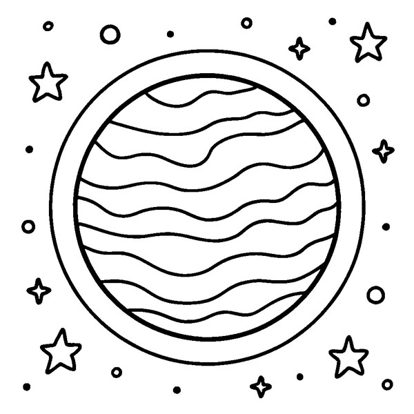 Dibujo en blanco y negro del planeta Venus brillante con nubes y detalles atmosféricos