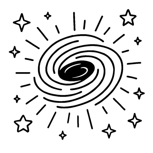 Agujero negro con anillo brillante de luz y fondo de estrellas en blanco y negro