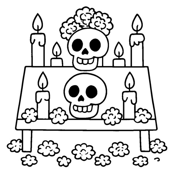 Altar de día de muertos con flores y velas, calaveras sonrientes, y cempasúchil vibrante.