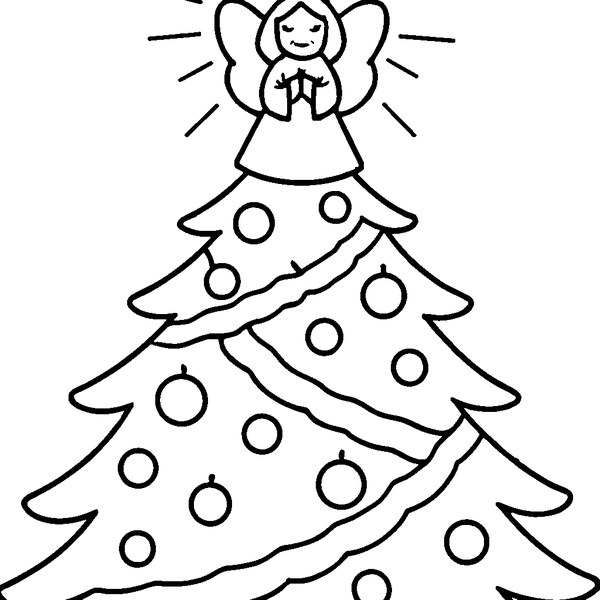 Árbol festivo de Navidad adornado con un ángel radiante en la punta, líneas gruesas y claras.