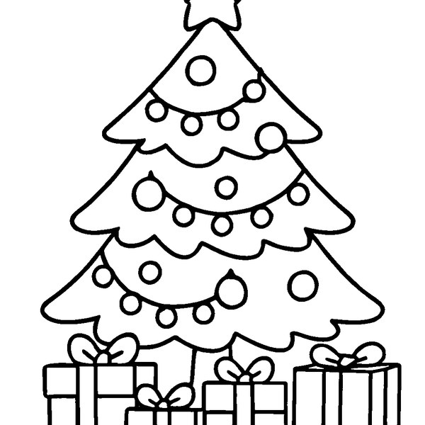 Árbol de navidad con esferas, estrella en la punta, y regalos variados debajo