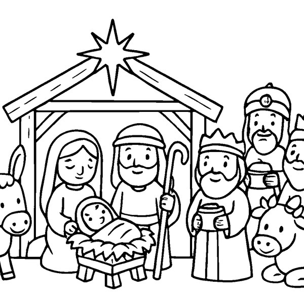 Dibujo en blanco y negro de un belén navideño con figuras detalladas y fondo simple