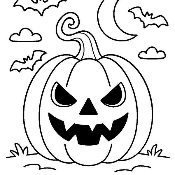 Calabaza gigante con ojos triangulares malvados, boca dentada y asa enrollada, lista para colorear.