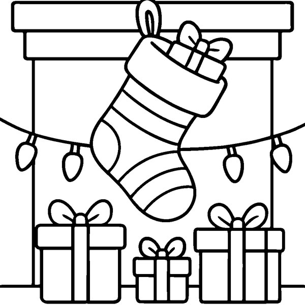 Dibujo para colorear de un calcetín navideño colgado en chimenea con detalles de luces y regalos.