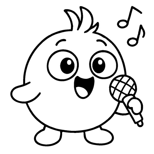 Jigglypuff con micrófono en mano, ojos grandes y brillantes, cantando con expresión alegre.