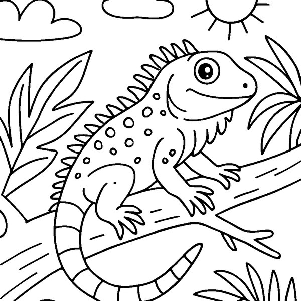 Ilustración de iguana verde con escamas detalladas, cola larga curvada y ojos grandes en fondo blanco