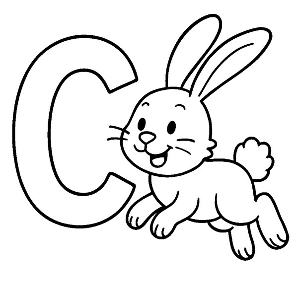 Dibujo de línea de un conejo saltando sobre letra C, con orejas grandes y cola esponjosa.