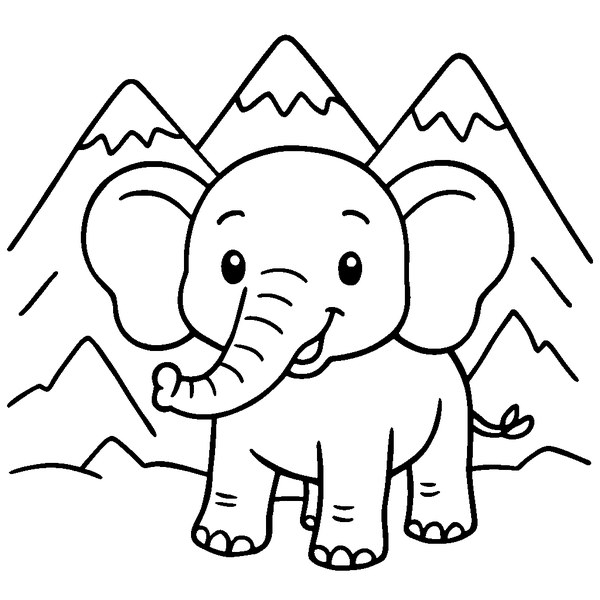 Un elefante alpino simpático con orejas grandes y trompa curva, rodeado de montañas nevadas