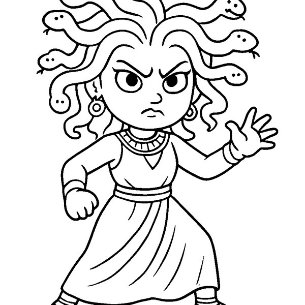 Dibujo de medusa griega con serpientes en la cabeza y mirada desafiante
