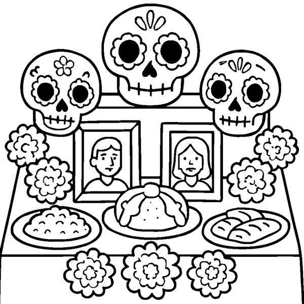 Ofrenda mexicana con fotografías y comida, coloridas calaveras y flores vibrantes en un altar