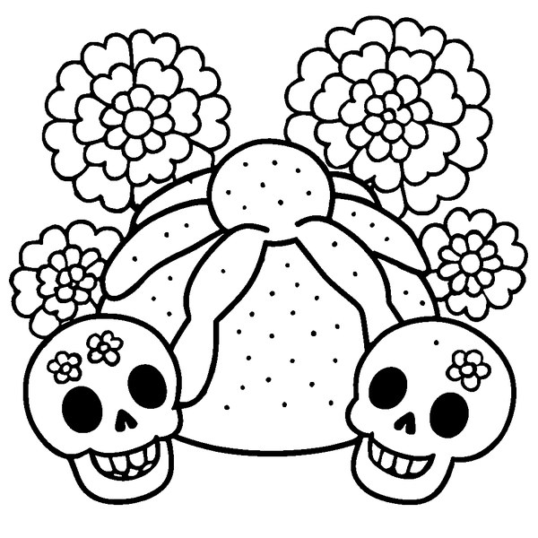 Un pan de muerto con azúcar detallado, rodeado de flores de cempasúchil y calaveritas sonrientes