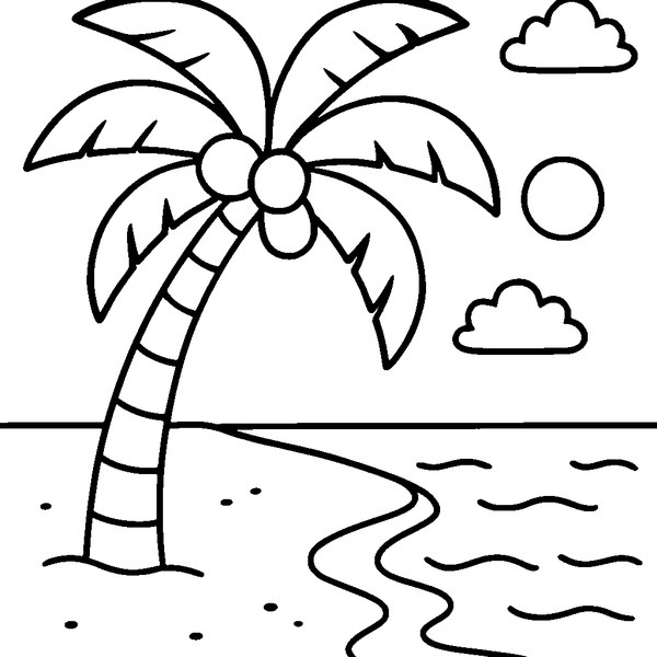 Dibujo de una playa tropical con una palmera alta y frondosa, arena y un cielo despejado