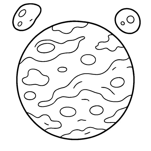 Dibujo lineal del planeta Marte con cráteres detallados y satélites orbitando