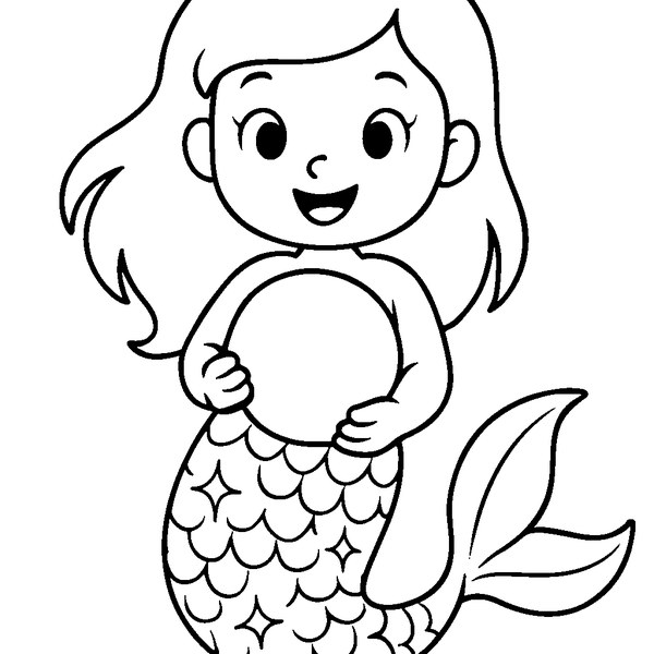 Ilustración de una sirena sosteniendo una perla gigante, con detalles de escamas y una cola brillante.