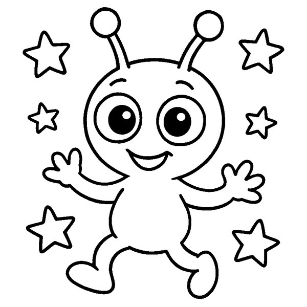 Extraterrestre amigable verde con antenas largas y ojos brillantes, sonriendo con fondo de estrellas