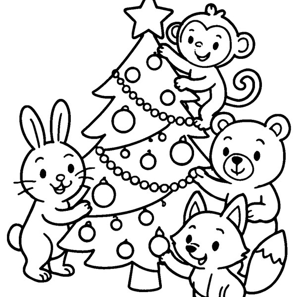 Un árbol de navidad decorado por animales, rodeado de luces brillantes y adornos festivos.