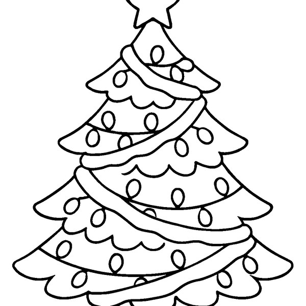 Dibujo de un árbol de navidad decorado con luces brillantes y guirnaldas curvas en cada rama.