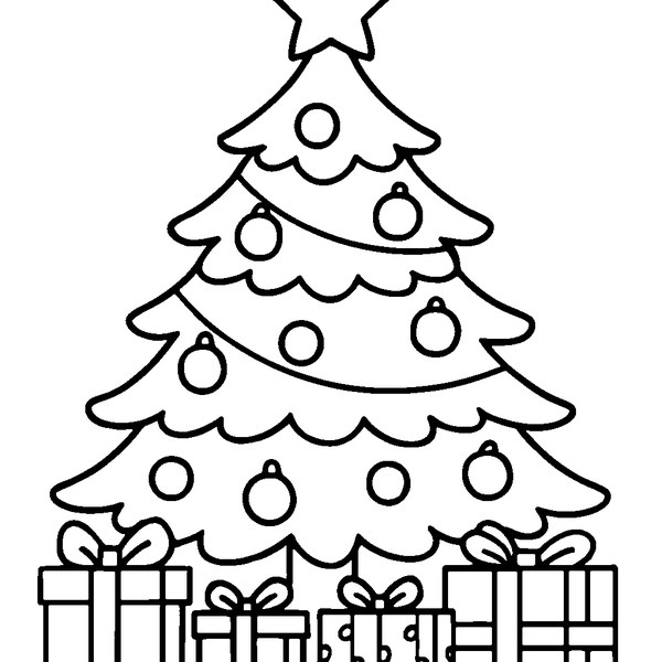 Dibujo en blanco y negro de un árbol de navidad tradicional con bolas y estrella en la copa, rodeado de regalos.