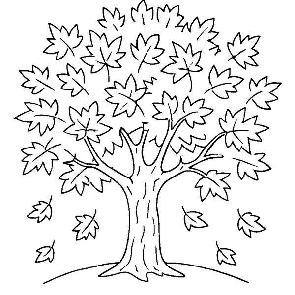 Dibujo de un árbol de otoño con hojas rojas que caen suavemente, líneas gruesas, ramas extendidas.