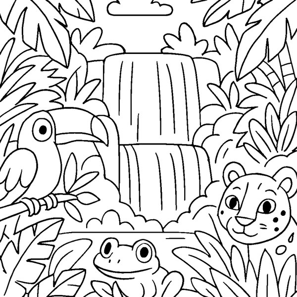Dibujo en blanco y negro de la cascada de Iguazú, rodeada de vegetación exuberante y animales de la selva