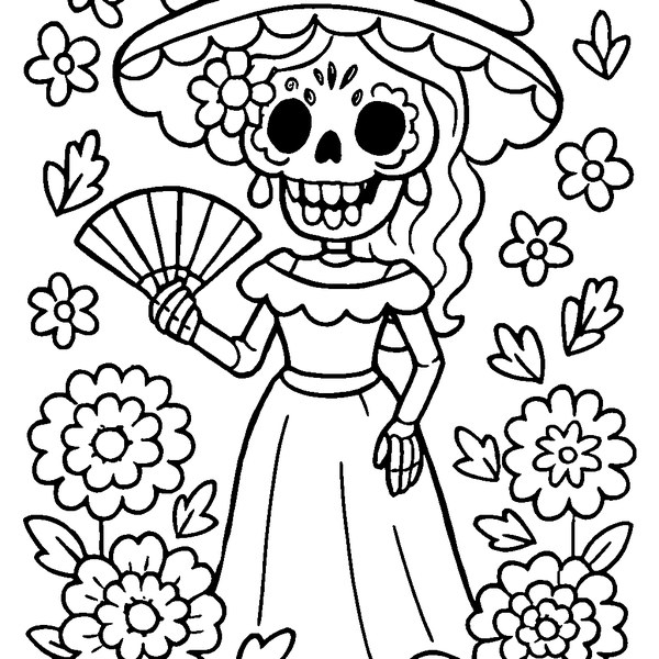 Catrina elegante con flores en el cabello y abanico en mano, rodeada de detalles festivos.