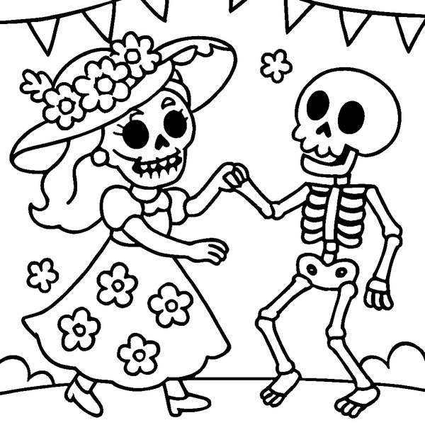 Catrina con vestido floreado bailando con un esqueleto en un fondo festivo, líneas gruesas