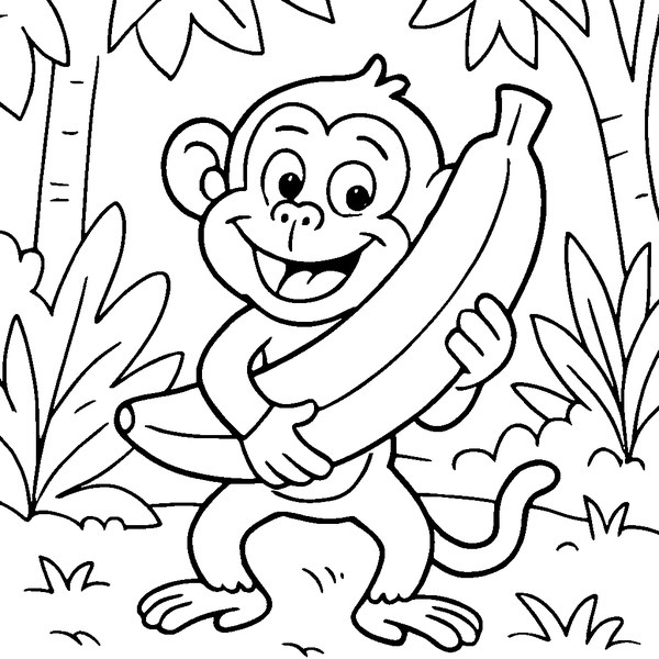 Dibujo en blanco y negro de un mono caricaturizado sosteniendo un plátano con expresión alegre.