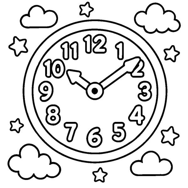 Reloj analógico con grandes números y manecillas gruesas, rodeado de nubes y estrellas pequeñas.