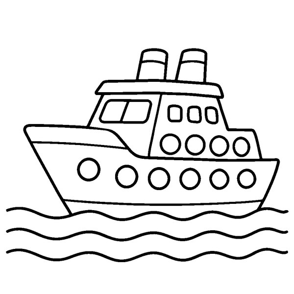Ferry de pasajeros visto de perfil, con grandes ventanales y chimeneas detalladas, sobre olas suaves.